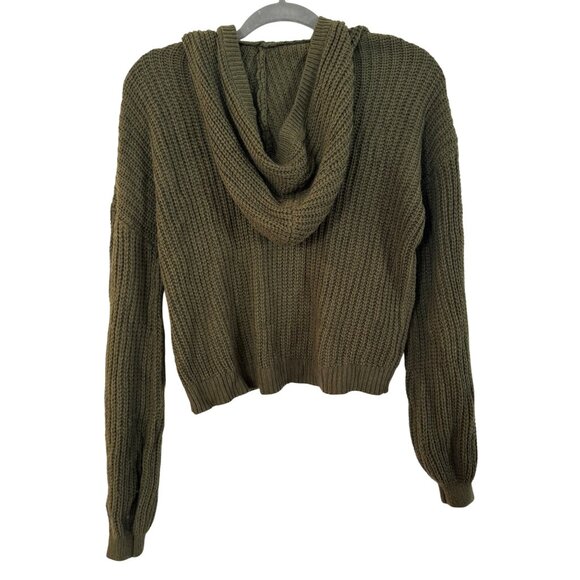 Almost Famous Hooded Cable Knit Sweater Women M Olive Green Acrylic Pullover Top - Picture 2 of 6